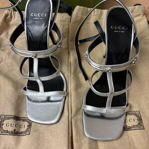 Gucci Women's Metallic Leather Silver Horsebit Heels